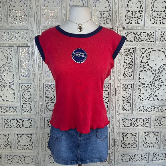 Y2K Coca Cola Red & Navy Retro Cap Sleeve Ribbed T shirt Sz M/L - Picture 1 of 6